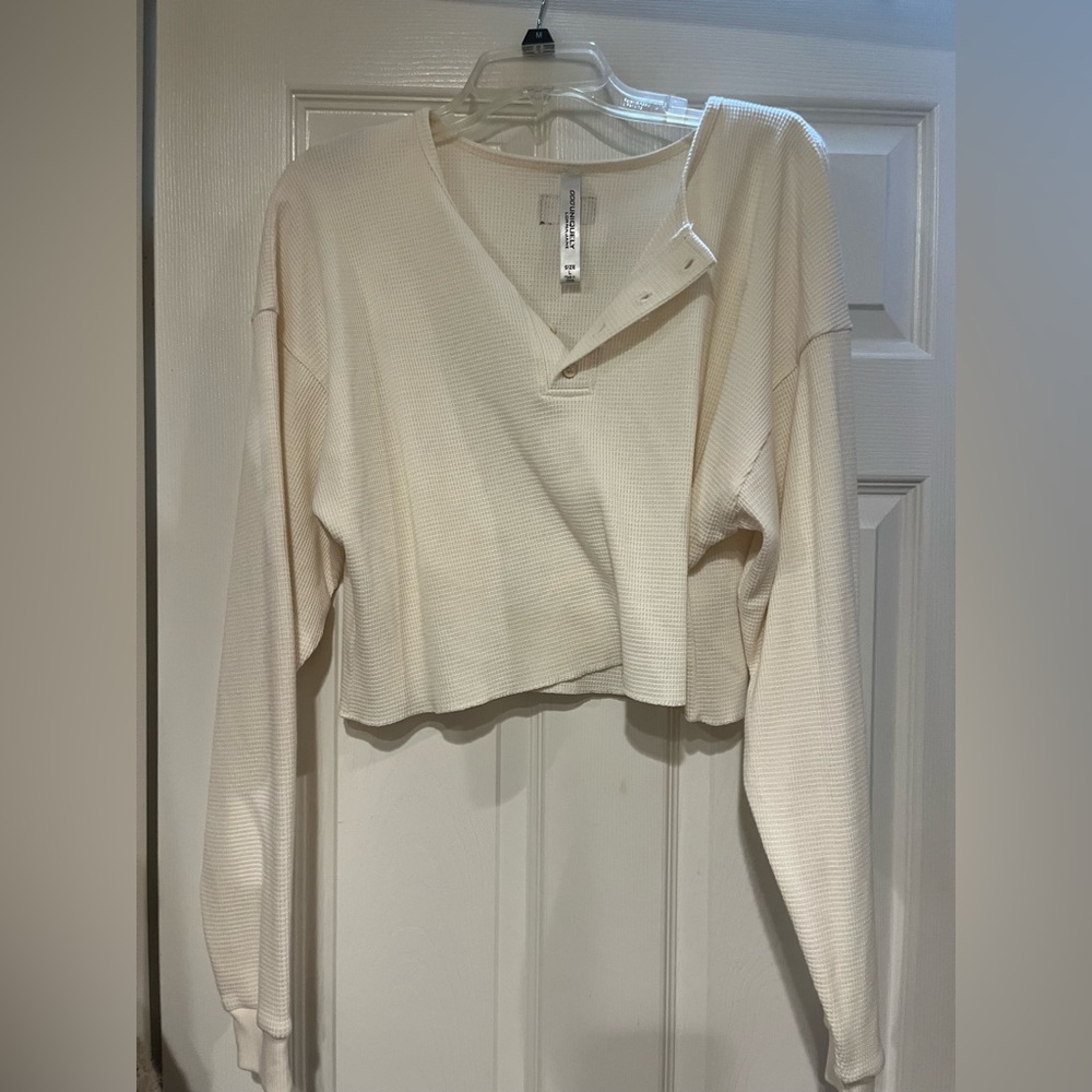 Lorna Jane Cream Cropped Waffle Knit Henley, BRAND NEW/NEVER WORN!